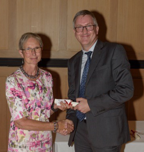 Jackie Brearley receiving her award from Professor Graham Virgo, Pro Vice Chancellor for Education